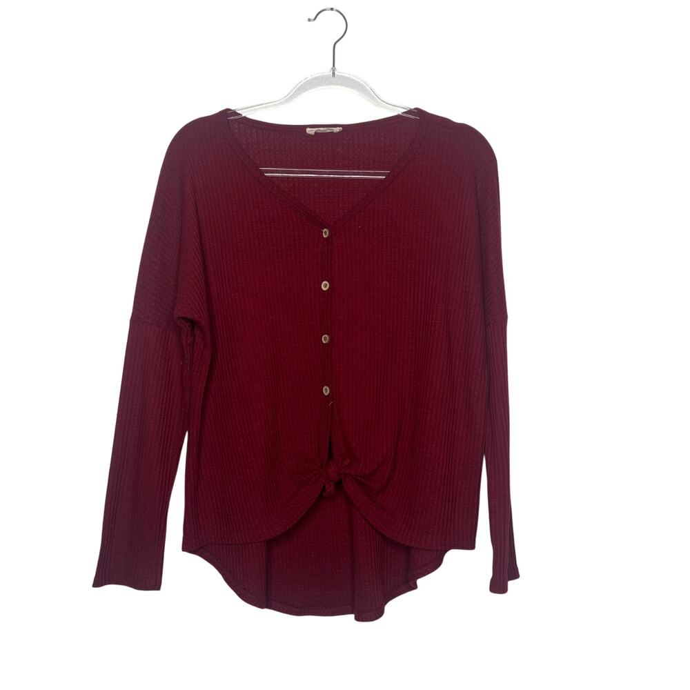 ADORA Thermal Button Knot Top Long Sleeve V-Neck Waffle Knit Burgundy Womens L - Picture 7 of 7